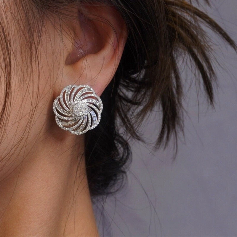 European and American inlaid zircon earrings for women, geometric lines and floral design earrings, fashionable and elegant earrings