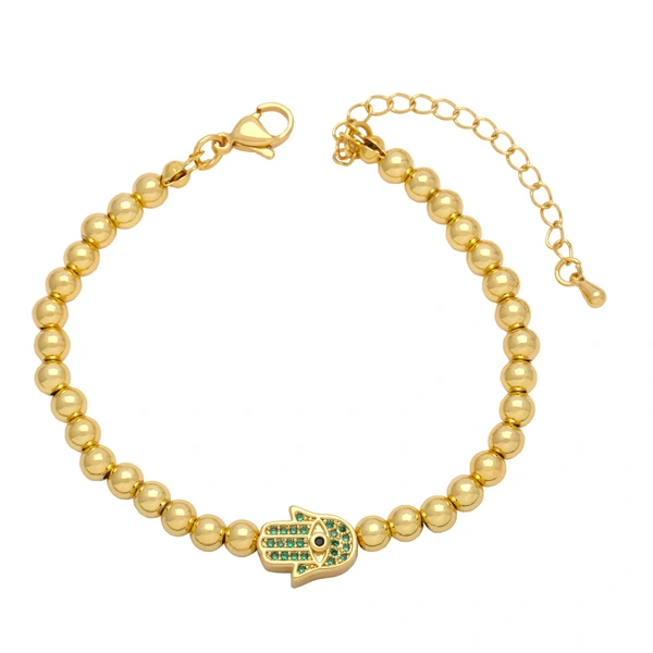 European and American personality hip-hop inlaid zircon Fatima hand bracelet female copper plated 18K gold round bead bracelet brc01