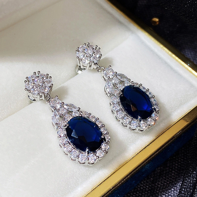New style earrings European and American simple oval sapphire blue zircon earrings simulation women's jewelry wholesale