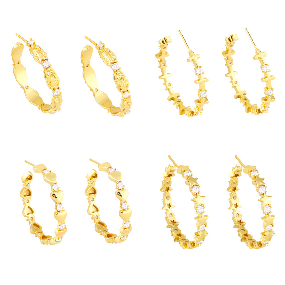 Clearance online celebrity jewelry niche zircon earrings European and American Virgin Mary cross peach heart C-shaped earrings female ery64