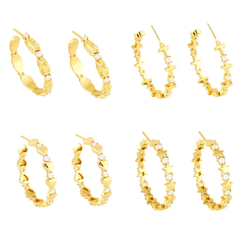 Clearance online celebrity jewelry niche zircon earrings European and American Virgin Mary cross peach heart C-shaped earrings female ery64