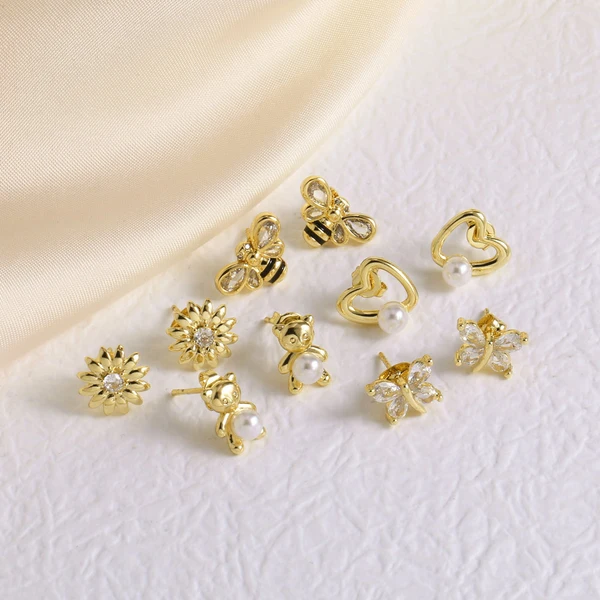 AS jewelry European and American simple hot selling pearl love bear bee copper plated real gold earrings err64