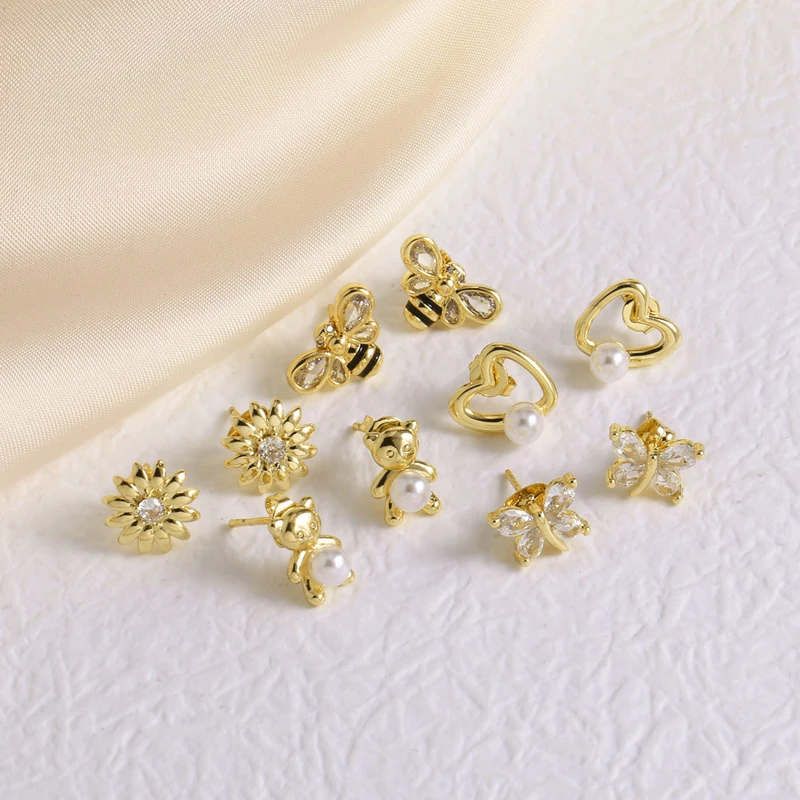 AS jewelry European and American simple hot selling pearl love bear bee copper plated real gold earrings err64