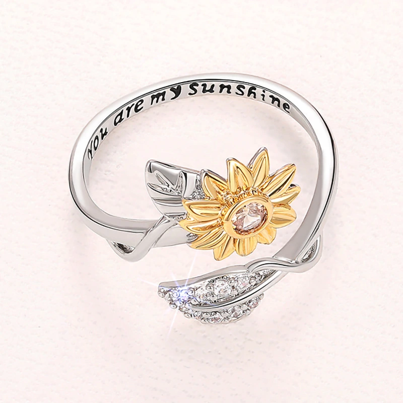  Sunflower Flower Adjustable Ring Women's Realistic Engraving Fashion Ring Popular Flower Leaf Jewelry