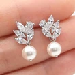 New copper inlaid AAA grade teardrop zircon earrings simple leaf shape imitation pearl all-match earrings for women