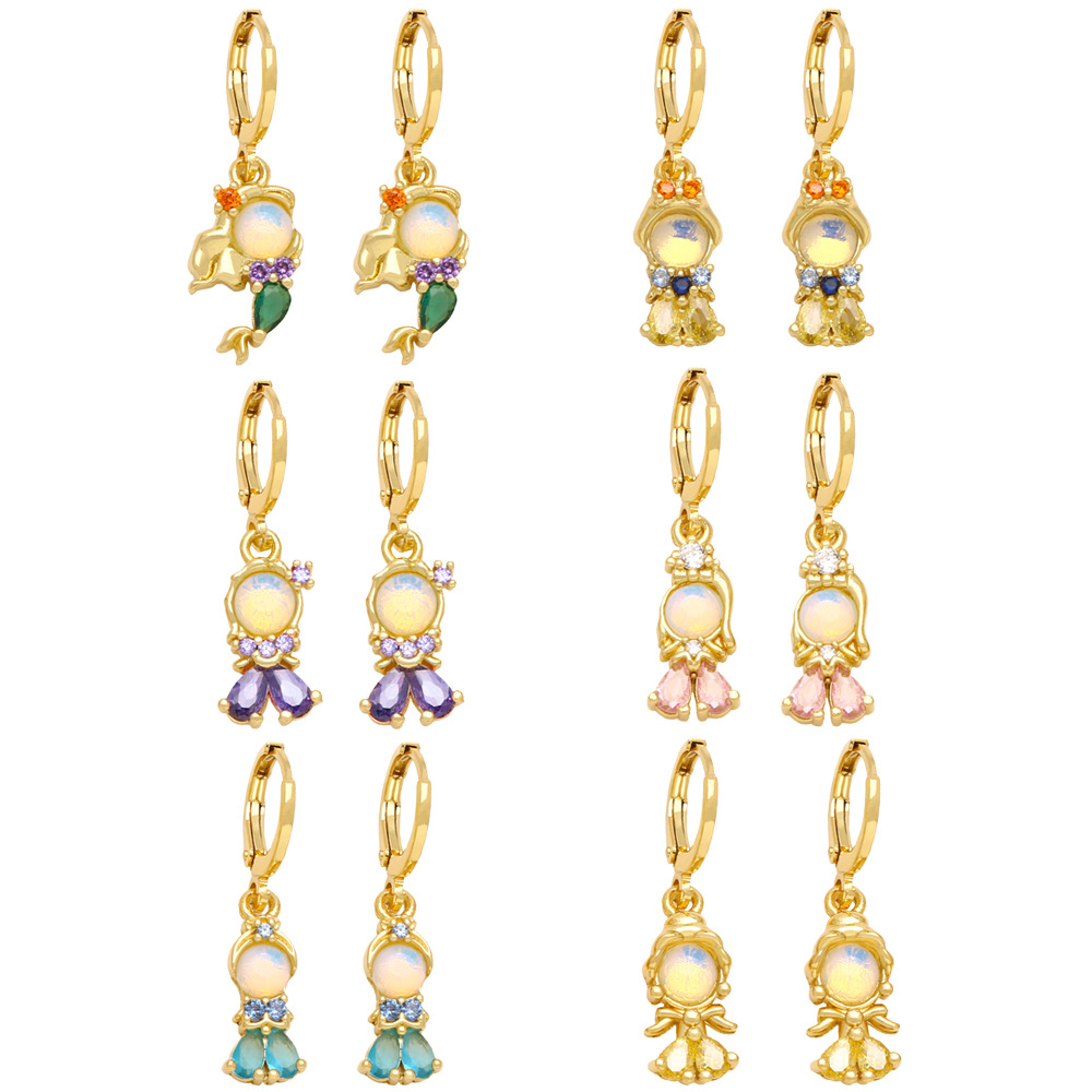 Hot selling simple personality inlaid colored zircon earrings little girl mermaid princess earrings eru45