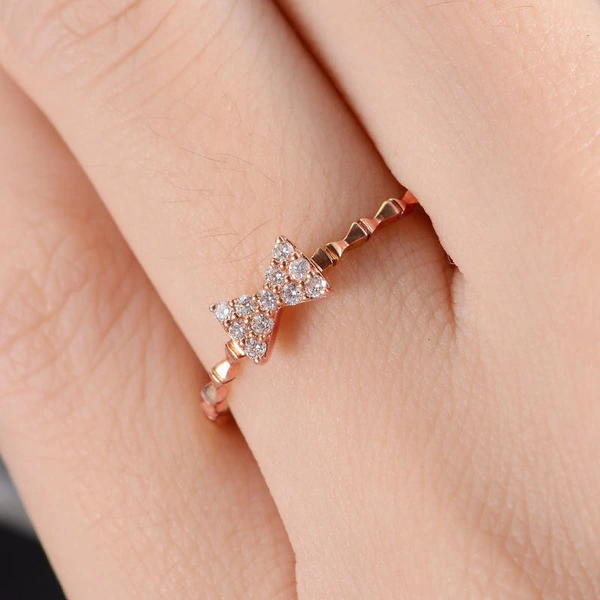 Fashionable new women's bow ring copper plated rose gold inlaid zircon prom party ring jewelry