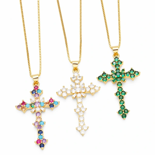 European and American jewelry micro-inlaid colored zircon cross pendant necklace hip hop retro clavicle chain nks87