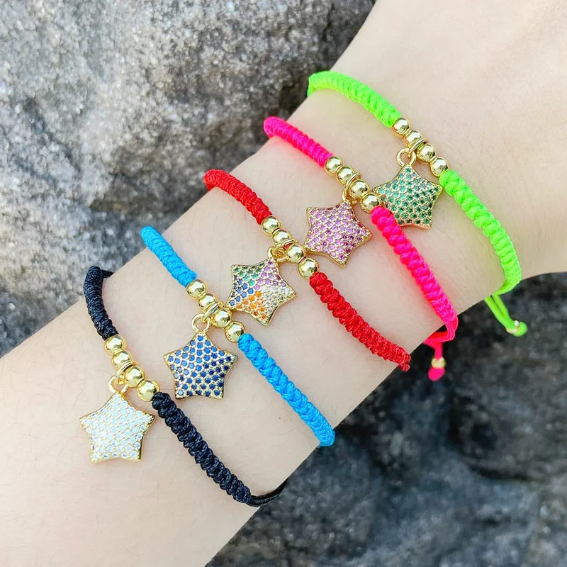 European and American inlaid colored zircon five-pointed star bracelet female personality creative versatile braided rope bracelet brm52