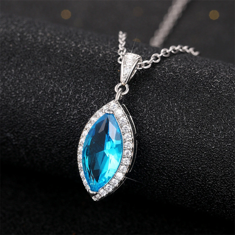 Ruili Magazine Style European and American Aquamarine Topaz Marquise Pendant Necklace Copper with Zircon Clavicle Chain