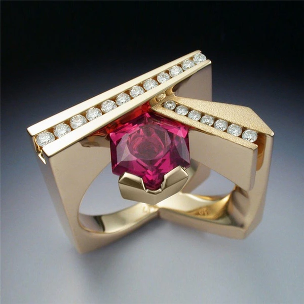 Hot selling new unique geometric men's ring copper plated gold micro inlaid red zircon ring