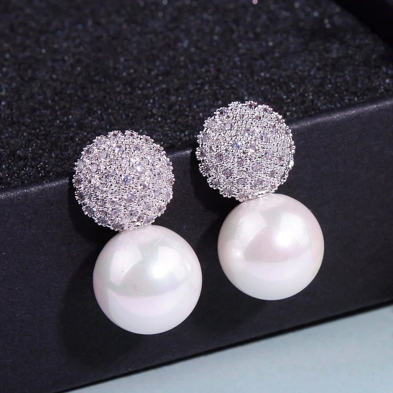 Factory direct sale earrings for women, full diamond imitation pearl princess earrings, round geometric dress accessories