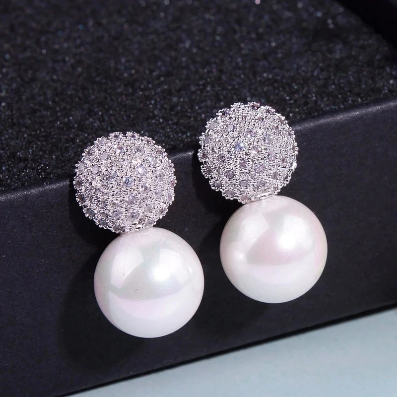 Factory direct sale earrings for women, full diamond imitation pearl princess earrings, round geometric dress accessories