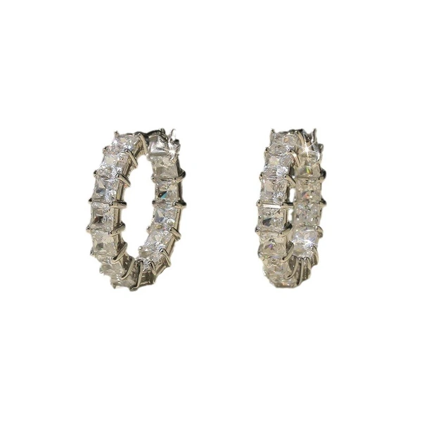 European and American fashion micro-inlaid square super shiny zircon earrings light luxury temperament circle earrings women's versatile earrings