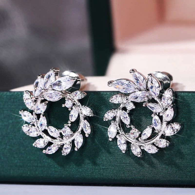 Live streaming celebrity hot-selling earrings, luxurious full diamond micro-inlaid leaf olive branch earrings, factory wholesale
