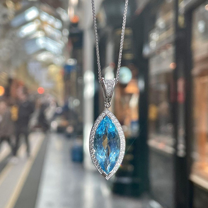 Ruili Magazine Style European and American Aquamarine Topaz Marquise Pendant Necklace Copper with Zircon Clavicle Chain