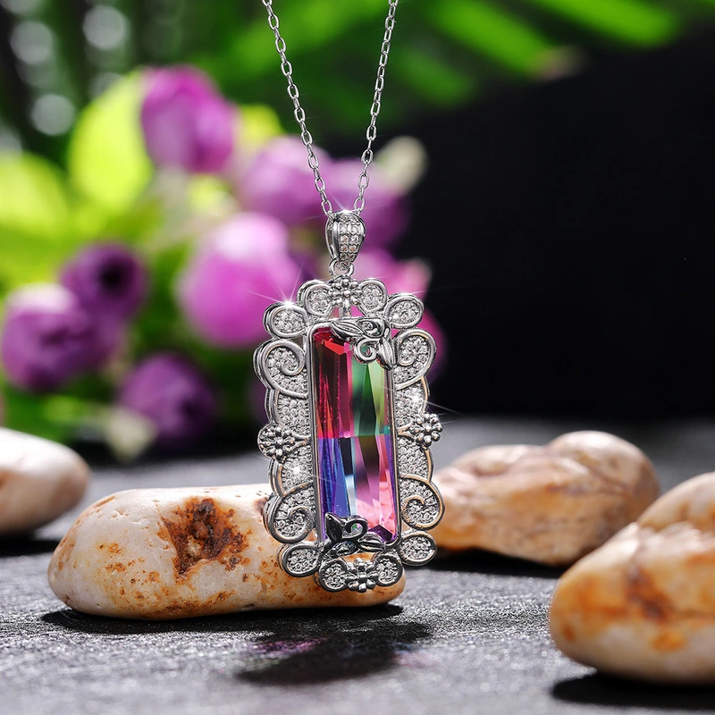 Hot selling European and American synthetic colored gemstone tourmaline pendant hollow pattern inlaid colored zircon necklace for women