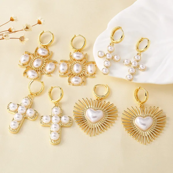 AS jewelry hot selling copper plated 18k gold pearl cross heart earrings earrings earrings erq64