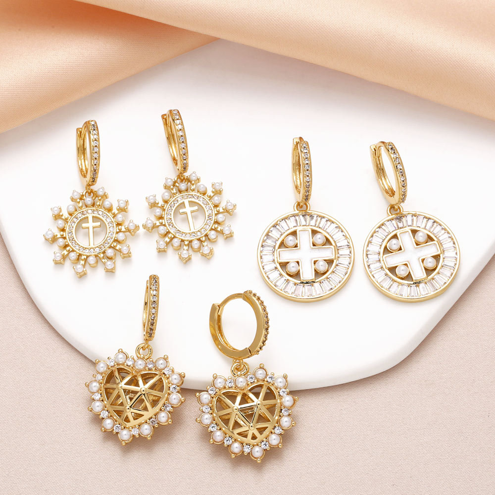 AS jewelry hot selling cross earrings female gold-plated zircon shell heart earrings erw14
