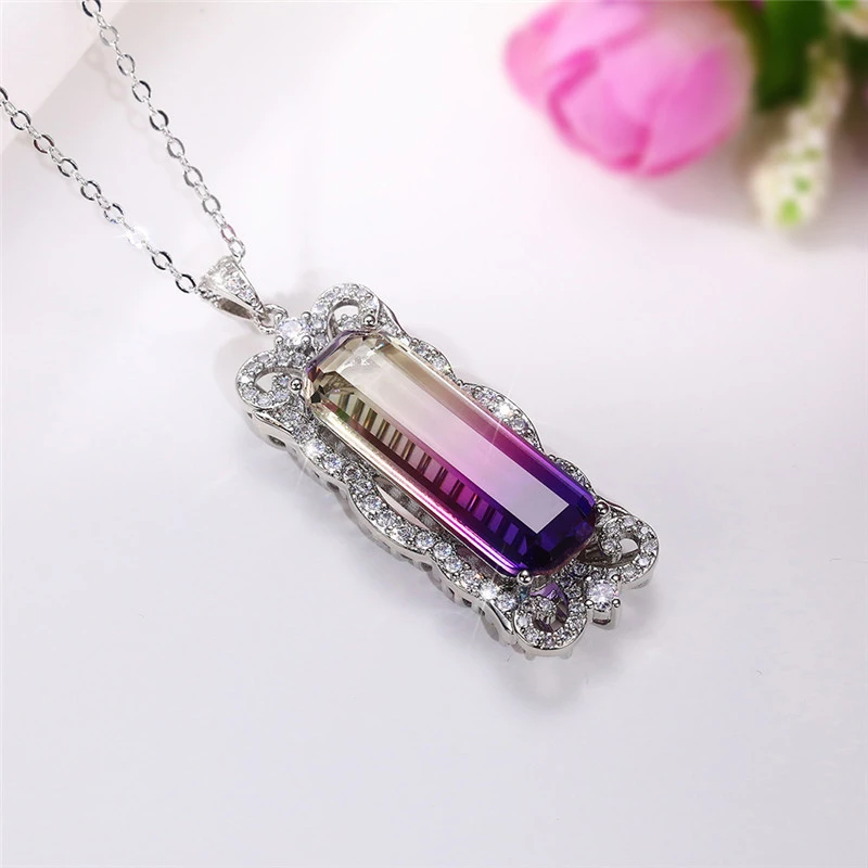 2022 Fashionable New Gradient Color Imitation Gemstone Pendant Necklace Inlaid with Zircon Necklace Party Jewelry