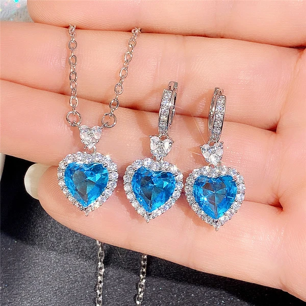 Live broadcast of the new trend of topaz blue zircon ocean heart-shaped pendant ring earrings set for women