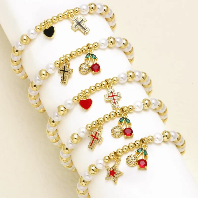 AS jewelry Europe and the United States hot selling pearl beads cross cherry fruit pendant gold-plated bracelet female brm82