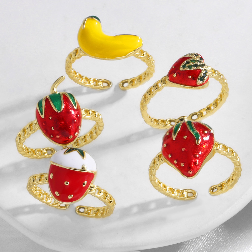 AS jewelry hot-selling copper-plated real gold fruit strawberry banana oil drop open ring rij38