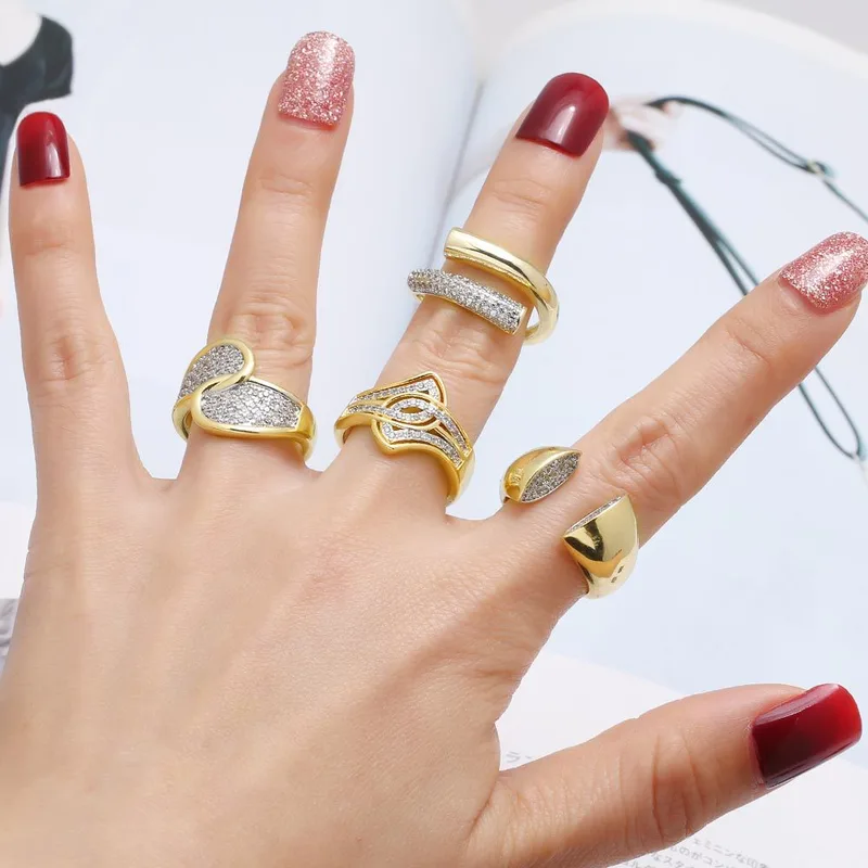 AS jewelry two-color mixed mosaic zircon copper plated 18k gold irregular open ring riq97