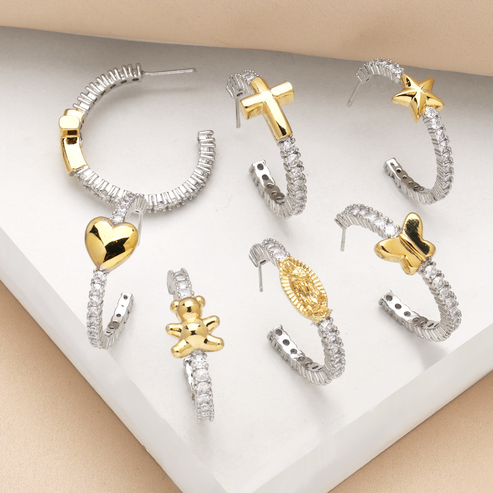 Clearance European and American jewelry love earrings gold-plated zircon five-pointed star bear cross earrings erz29