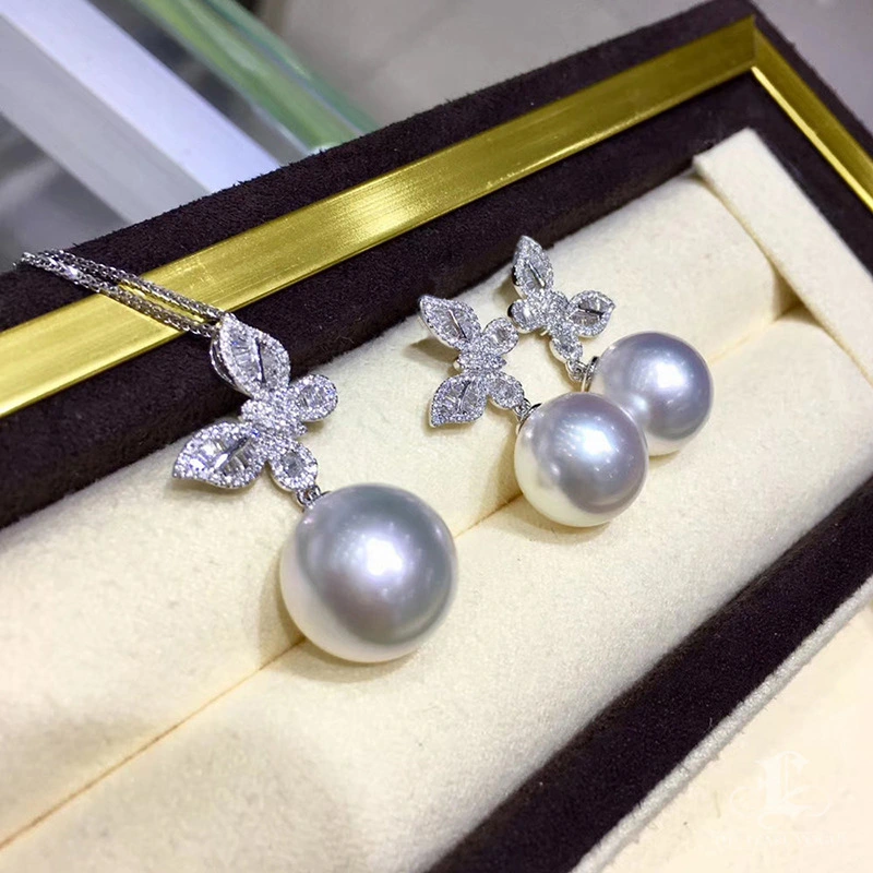 Glossy butterfly imitation pearl jewelry set exquisite zircon earrings for women sweet style box chain pendant
