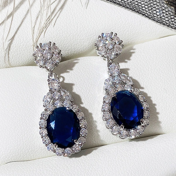 New style earrings European and American simple oval sapphire blue zircon earrings simulation women's jewelry wholesale