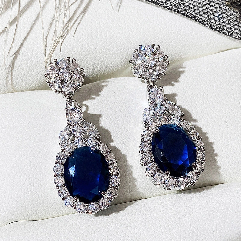 New style earrings European and American simple oval sapphire blue zircon earrings simulation women's jewelry wholesale