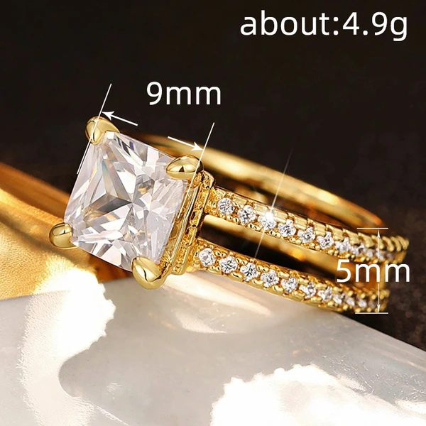   Hot selling double crown ring European and American square trendy princess jewelry super shiny four claw ring