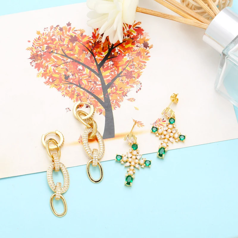 European and American cold style geometric chain earrings retro temperament versatile diamond pearl cross earrings female era279