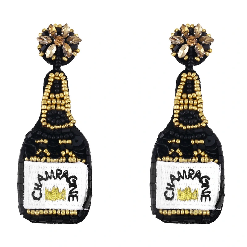 Clearance European and American exaggerated champagne bottle rice bead sequin earrings female embroidered letters CHAMEAGNE earrings ery15