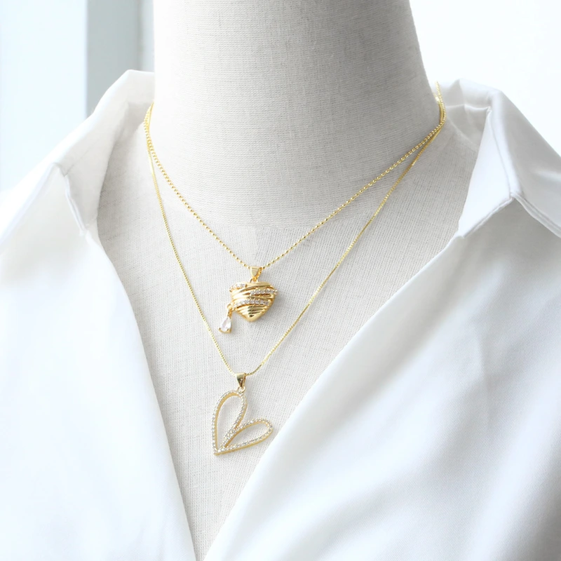 AS jewelry new hot selling pearl heart necklace copper plated real gold full zircon necklace clavicle chain nkb334