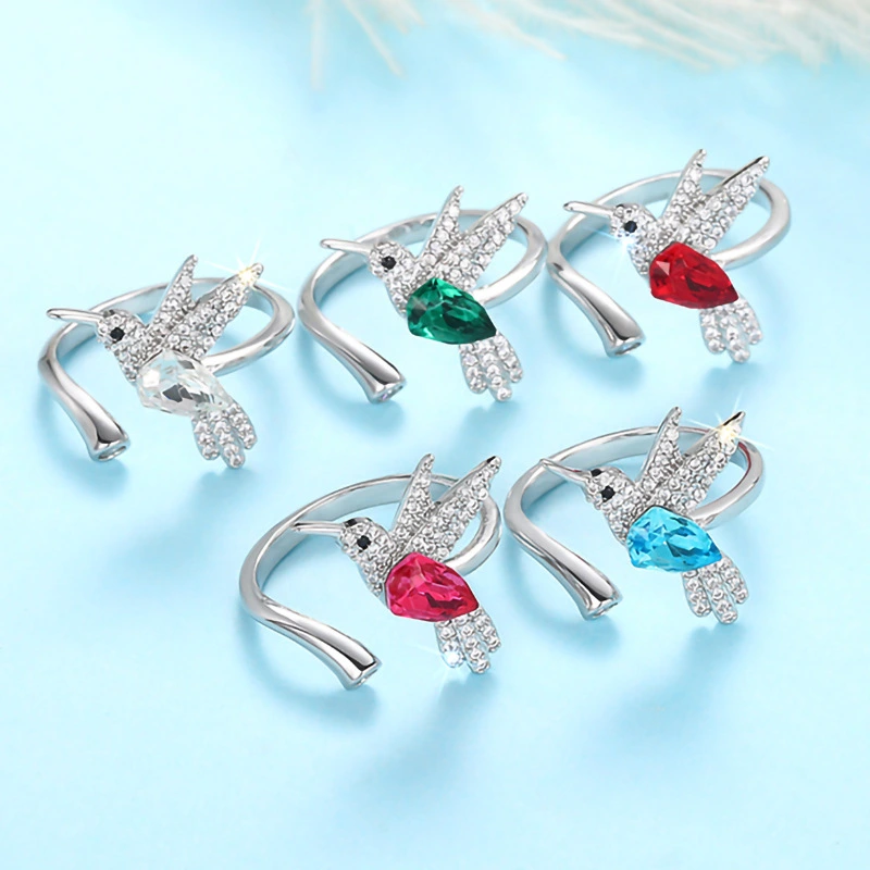  Fashionable niche design colorful ring female hummingbird open adjustable ring popular style