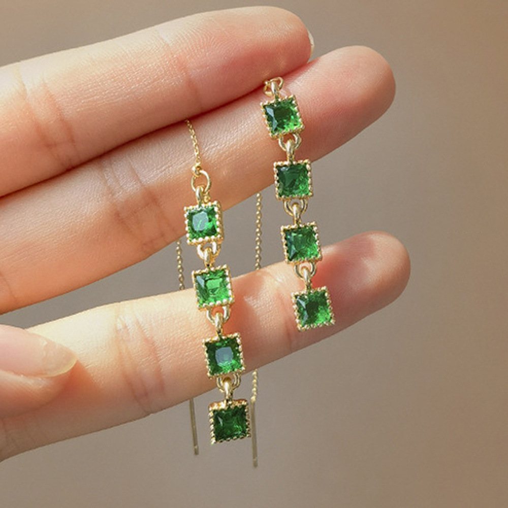 Emerald small square tassel earrings personality retro face slimming net celebrity earrings fashion trend earrings