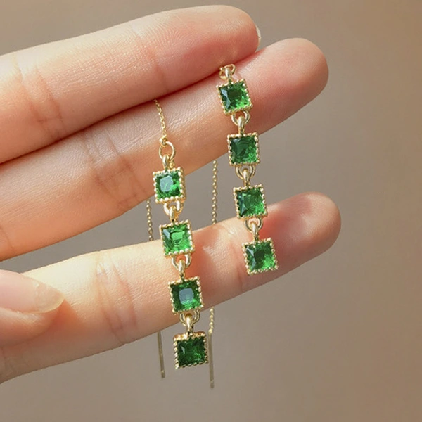 Emerald small square tassel earrings personality retro face slimming net celebrity earrings fashion trend earrings