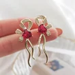 French romantic ruby heart bow earrings, high-end niche temperament hot earrings