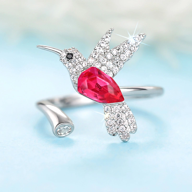  Fashionable niche design colorful ring female hummingbird open adjustable ring popular style
