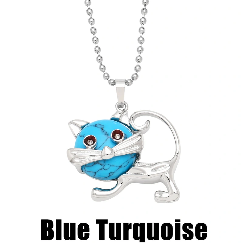 European and American personality retro inlaid turquoise malachite cat pendant necklace female crystal agate accessories wholesale nkb580