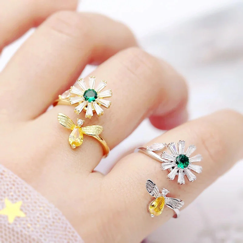  Personalized hot-selling super-shiny bee collecting honey sunflower open ring popular ring (non-rotatable)