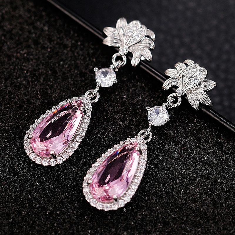 Internet celebrity live broadcast new long water drop pear-shaped flower earrings simulated yellow diamond topaz pink diamond earrings