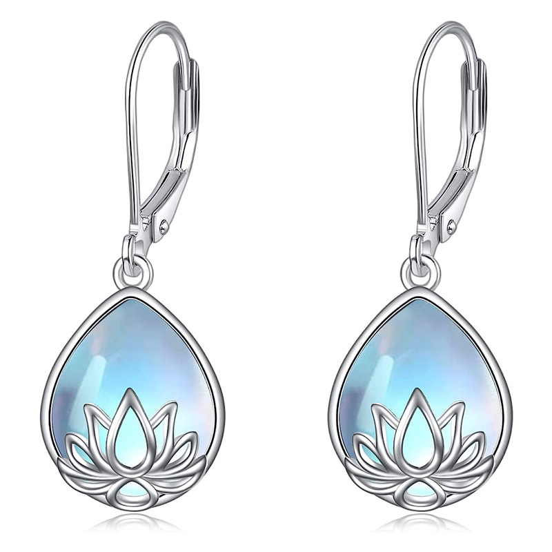 Lotus water drop imitation moonstone earrings fashionable and fresh pastoral earrings daily matching accessories for women