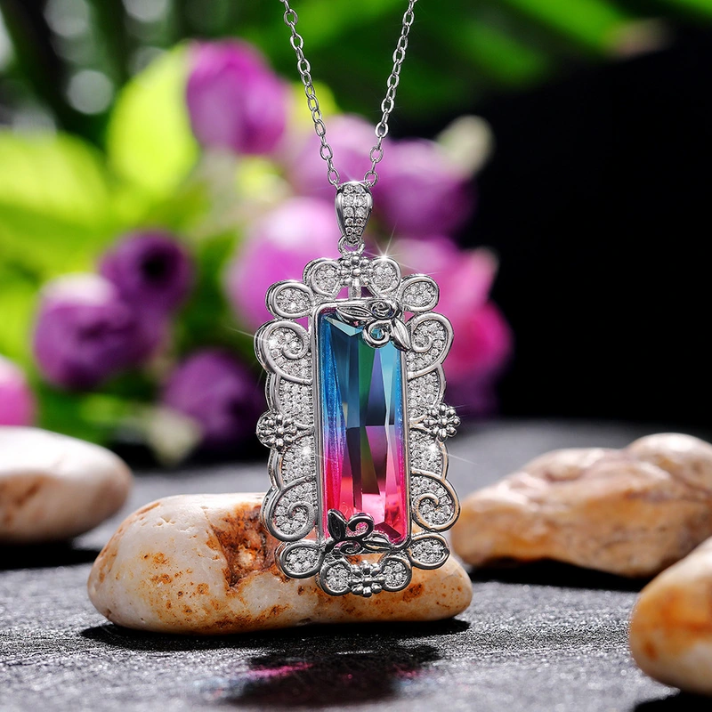 Hot selling European and American synthetic colored gemstone tourmaline pendant hollow pattern inlaid colored zircon necklace for women