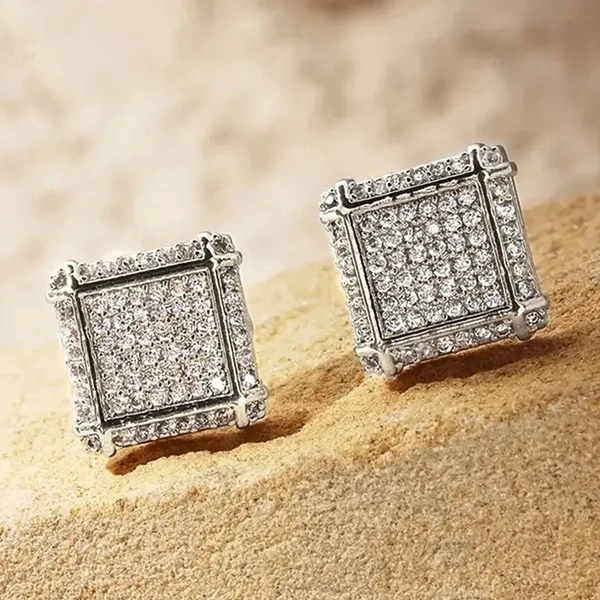 European and American popular square hip-hop earrings full of zircon micro-inlaid earrings men's trendy hiphop earrings