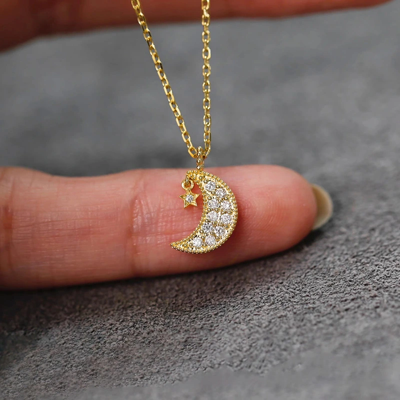  Metal electroplating moon pendant necklace with stars, micro-inlaid pendant necklace with five-pointed star, fashionable and atmospheric necklace