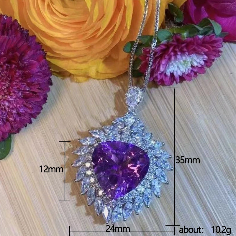 Luxury Heart-Shaped Amethyst Pendant for Women, Ruili Magazine Style Colored Gemstone Imitation Amethyst Necklace