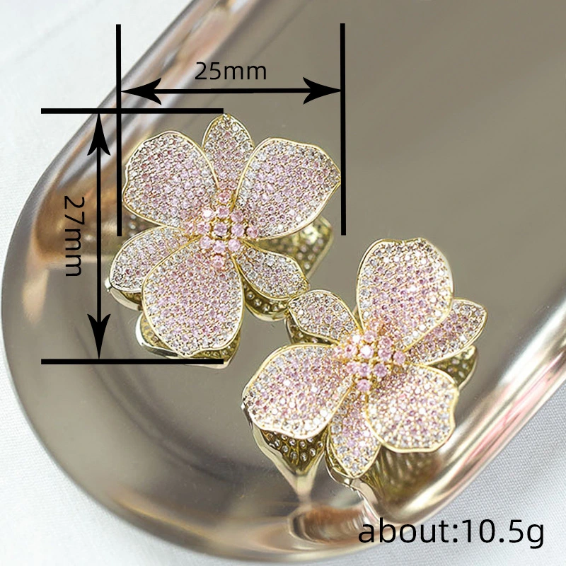 Glossy luxury floral earrings for women with micro-diamond lily flower jewelry, exaggerated dress fashionable accessories